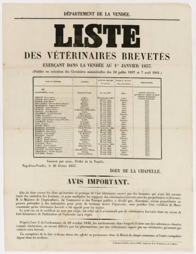 Napoléon-Vendée [La Roche-sur-Yon] Impr. J. Sory Département de la Vendée. Liste des vétérinaires brevetés exerçant dans la Vendée au 1er janvier 1857.